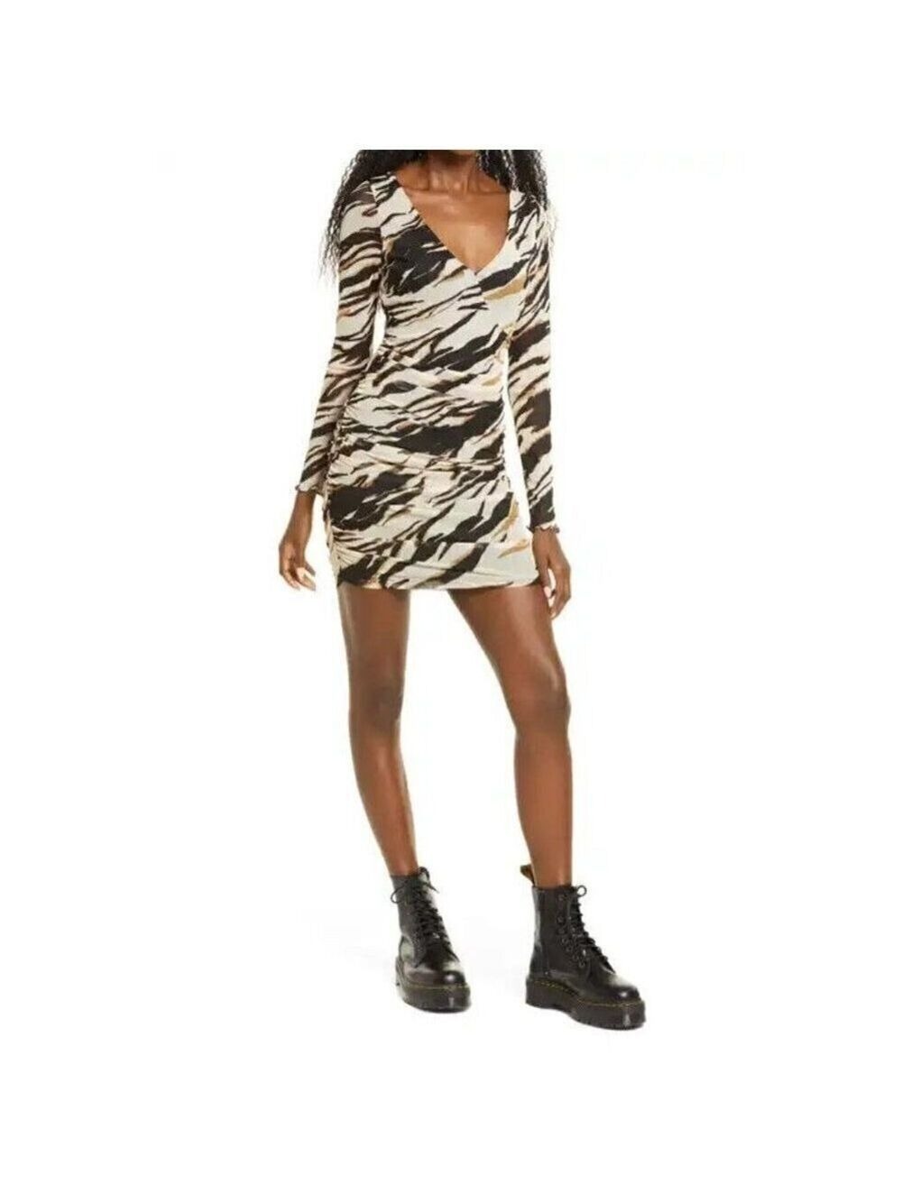 𝅺bp Women Ruched Animal Print Dress Bnwot Mesh Long Sleeve Vneck